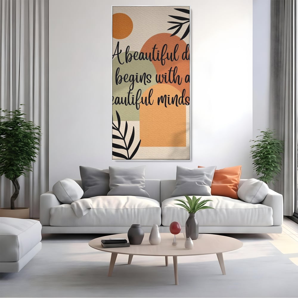 Tablou canvas cu tablou canvas cu mesaj motivational abstract, in rama de aluminiu argintiu, pe perete intr-un living